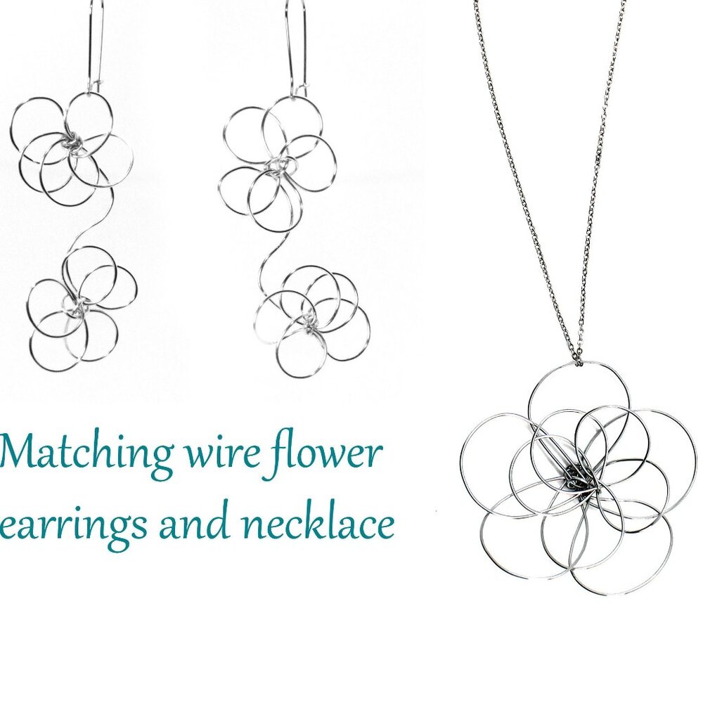 Wire flower earrings and necklace set handmade in Canada